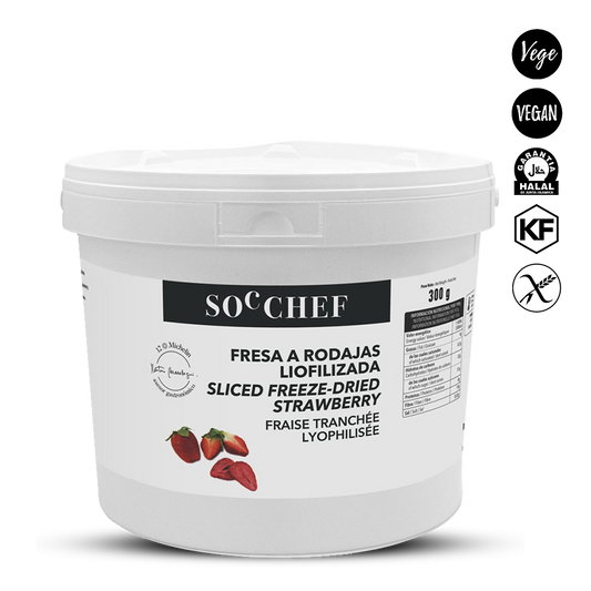 White container of sliced freeze-dried strawberry with SOC Chef branding on a white background