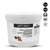 White container of sliced freeze-dried strawberry with SOC Chef branding on a white background