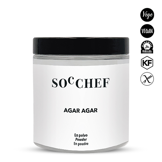 Jar of SOC CHEF agar agar powder with black lid on a white background