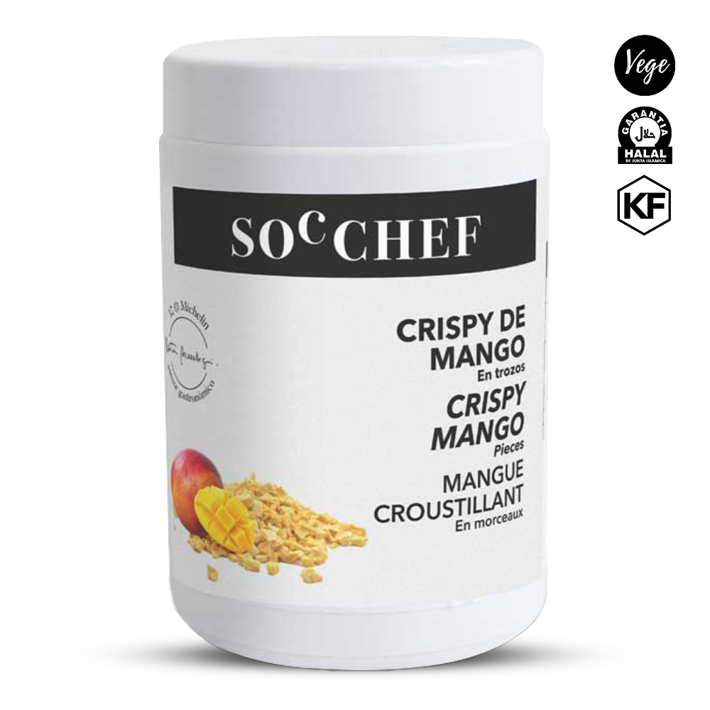 Container of Soc Chef Crispy Mango with brand logos on a white background