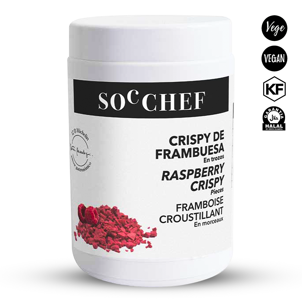 Container of Soc Chef raspberry crispy with branding and certification logos on a white background
