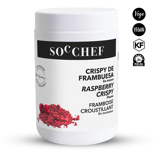 Container of Soc Chef raspberry crispy with branding and certification logos on a white background
