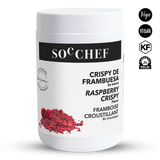 Container of Soc Chef raspberry crispy with branding and certification logos on a white background