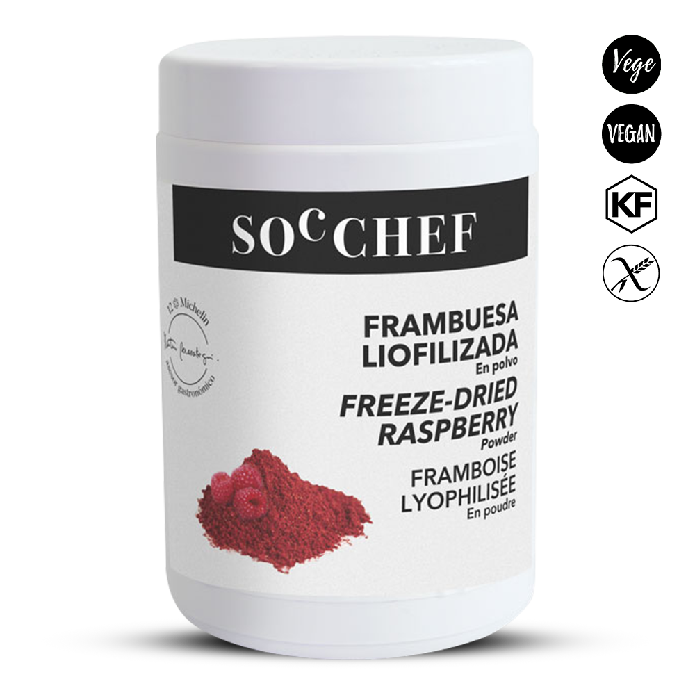 Container of freeze-dried raspberry powder with 'Soc Chef' branding on a white background