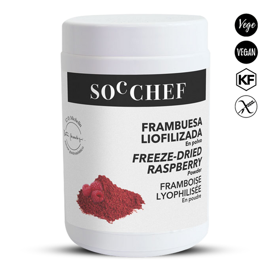 Container of freeze-dried raspberry powder with 'Soc Chef' branding on a white background