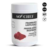 Container of freeze-dried raspberry powder with 'Soc Chef' branding on a white background