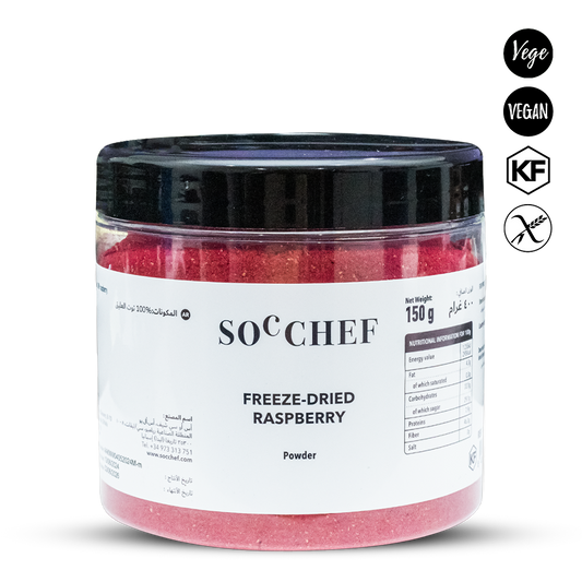 Jar of SOC CHEF freeze-dried raspberry powder with visible branding and product details.