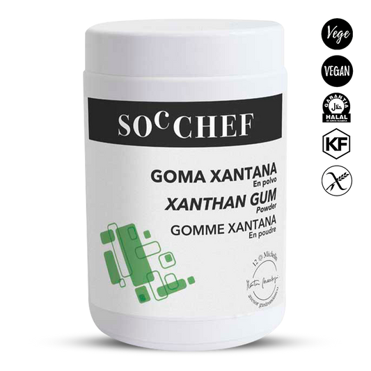Jar of xanthan gum powder with SOC CHEF branding on a white background