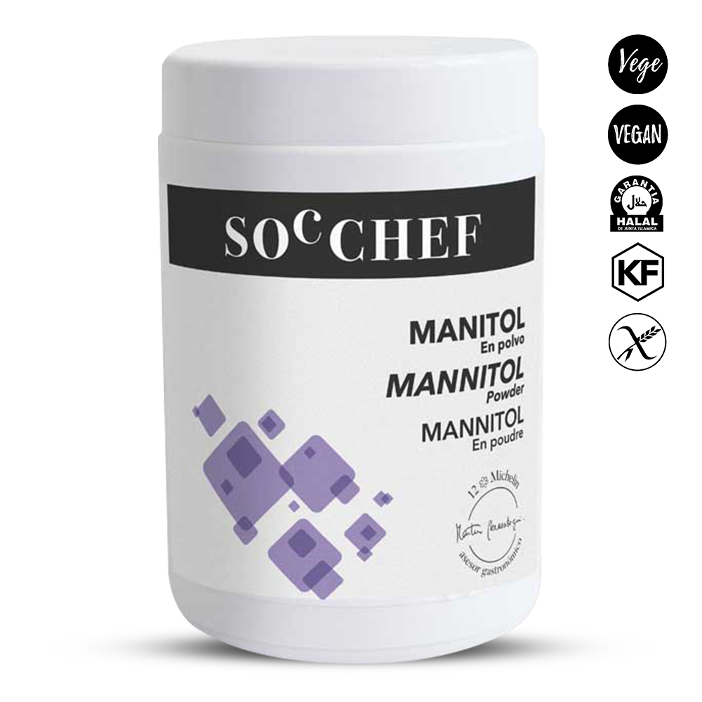 Jar of mannitol powder with 'SOC CHEF' branding on a white background