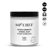 Jar of sorbic acid powder with SOC CHEF branding on a white background