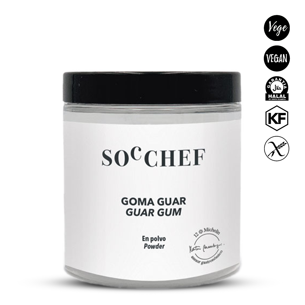 Jar of SOC CHEF guar gum powder with black lid on a white background
