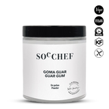 Jar of SOC CHEF guar gum powder with black lid on a white background