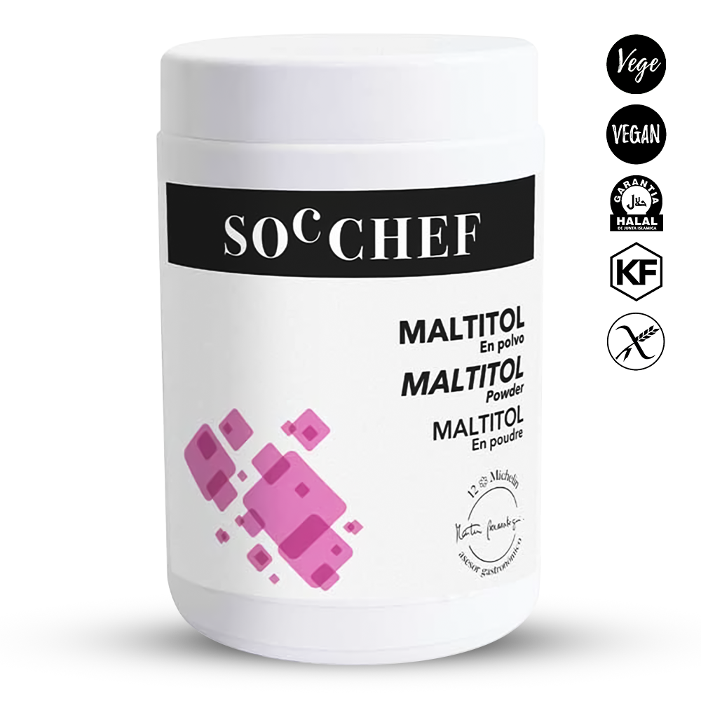 White container of SOC CHEF maltitol powder with black and pink labels on a white background