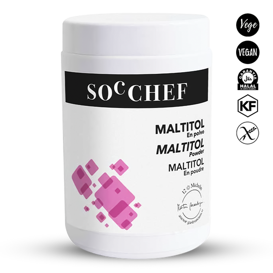 White container of SOC CHEF maltitol powder with black and pink labels on a white background