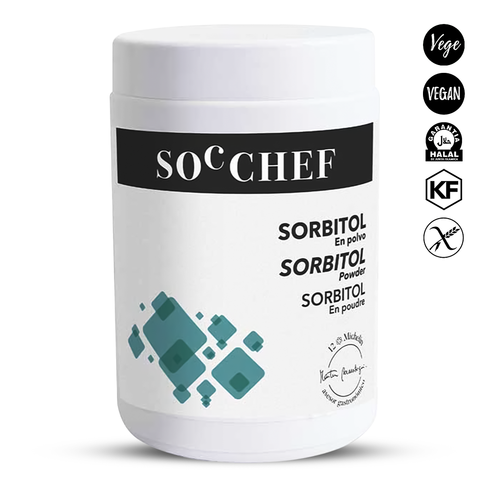 Container of Sorbitol powder by SOC CHEF with branding and certification logos on a white background