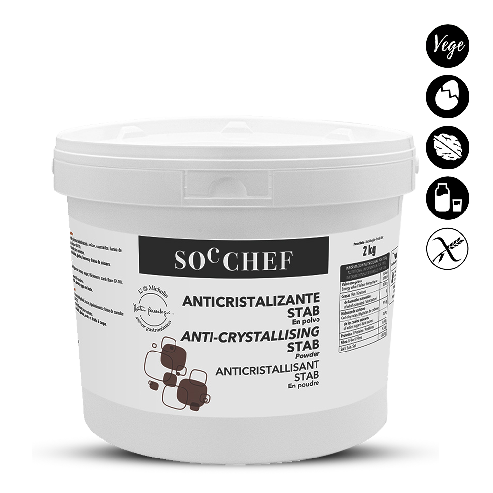 White container with a label for 'SOCCHEF Anti-Crystallising Stab' on a white background