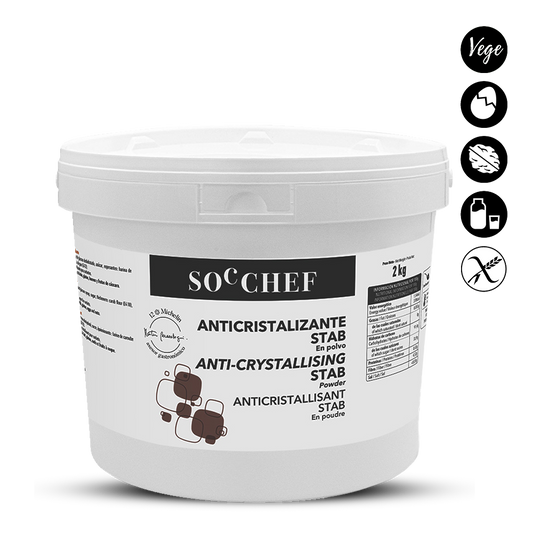 White container with a label for 'SOCCHEF Anti-Crystallising Stab' on a white background