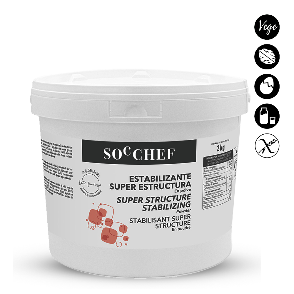 White container with a label for SOC CHEF super structure stabilizing powder on a white background