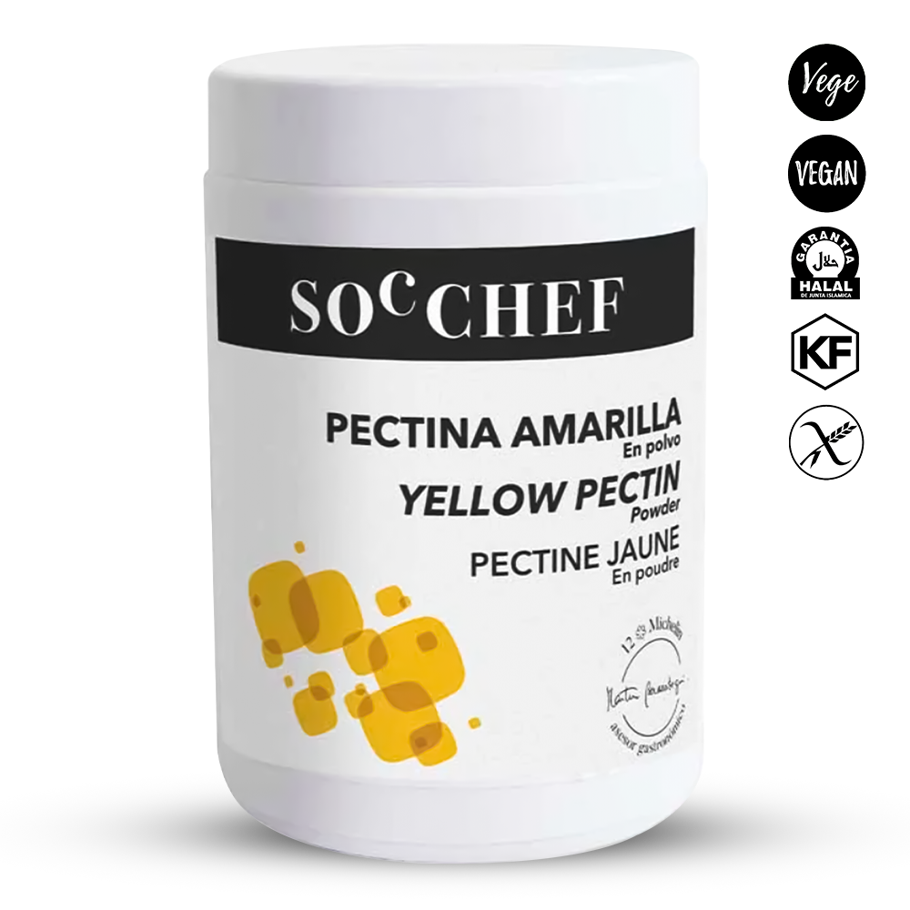 Jar of yellow pectin powder with SOC CHEF branding on a white background