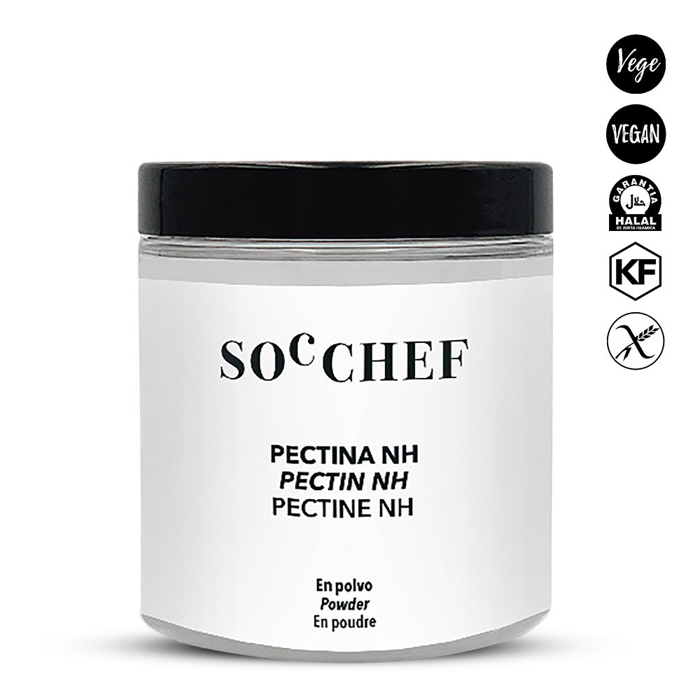 Jar of SOC CHEF pectin powder with black lid on a white background