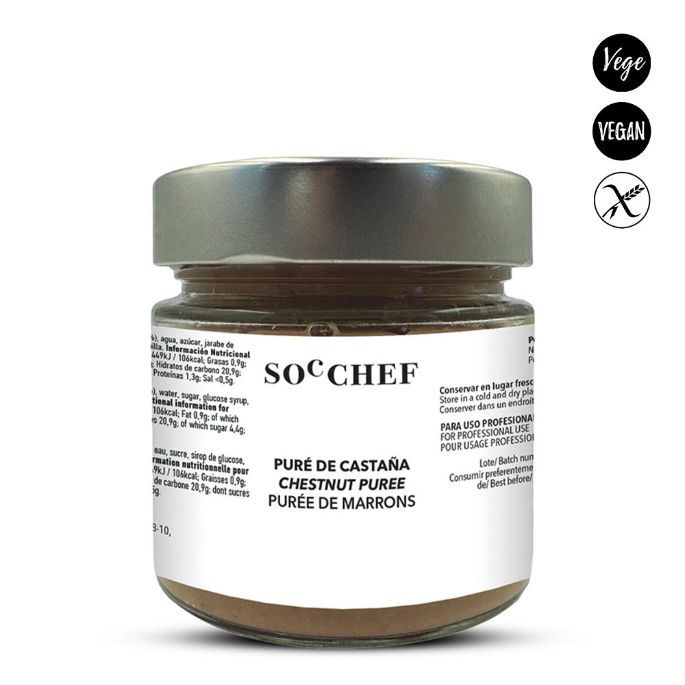 Jar of SocChef chestnut puree with a white label on a white background