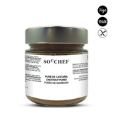 Jar of SocChef chestnut puree with a white label on a white background