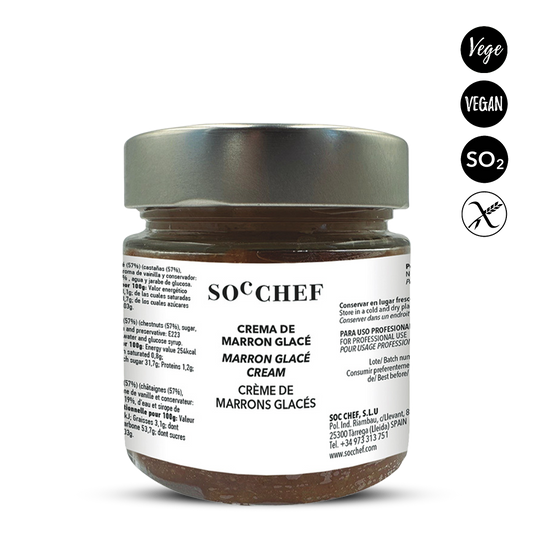 Jar of Socchef marron glace cream with labels indicating vegan, soy-free, and gluten-free status on a white background.
