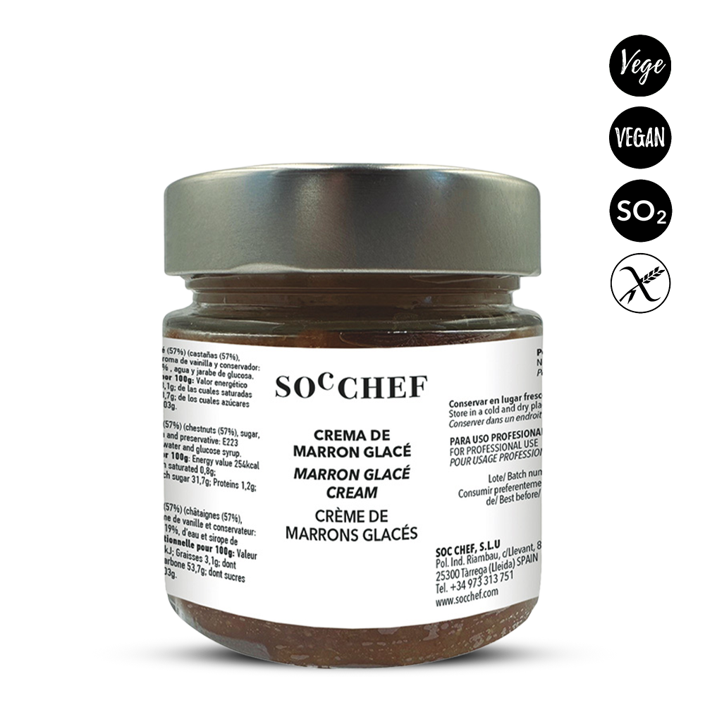Jar of Socchef marron glace cream with labels indicating vegan, soy-free, and gluten-free status on a white background.