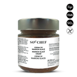 Jar of Socchef marron glace cream with labels indicating vegan, soy-free, and gluten-free status on a white background.