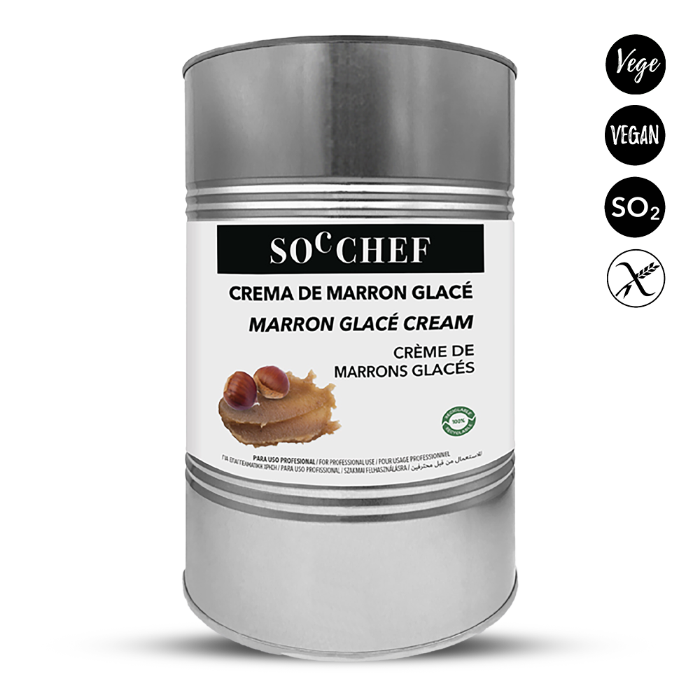 Tin container of Soc Chef marron glacé cream with labels indicating vegan, soy-free, and gluten-free status.