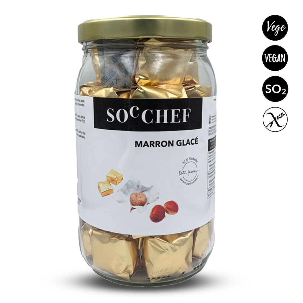 Jar of Soc Chef marron glace with a gold lid on a white background