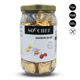 Jar of Soc Chef marron glace with a gold lid on a white background