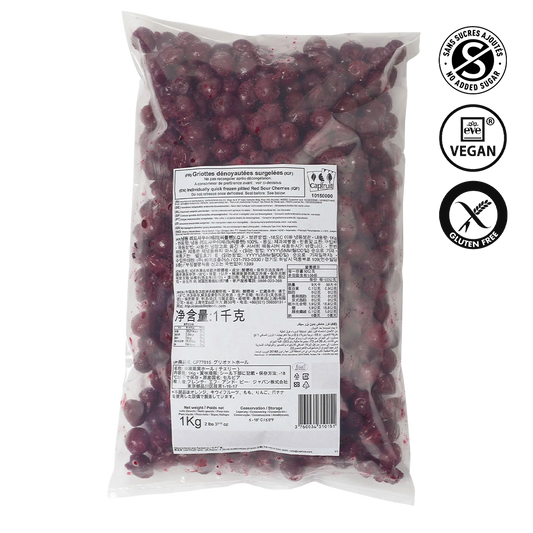 Packaged red berries with a label and certification logos on a white background