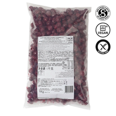 Packaged red berries with a label and certification logos on a white background