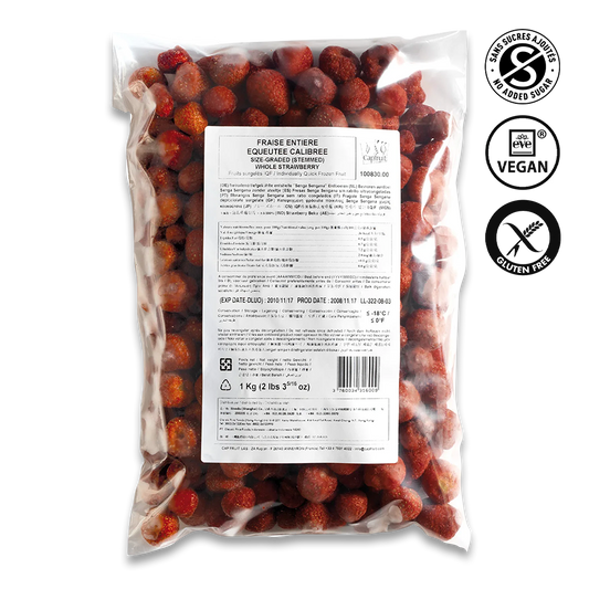 Bag of frozen strawberries with a label and certification logos on a white background