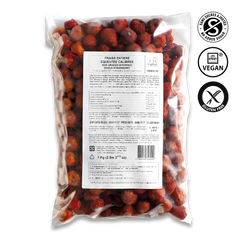 Bag of frozen strawberries with a label and certification logos on a white background