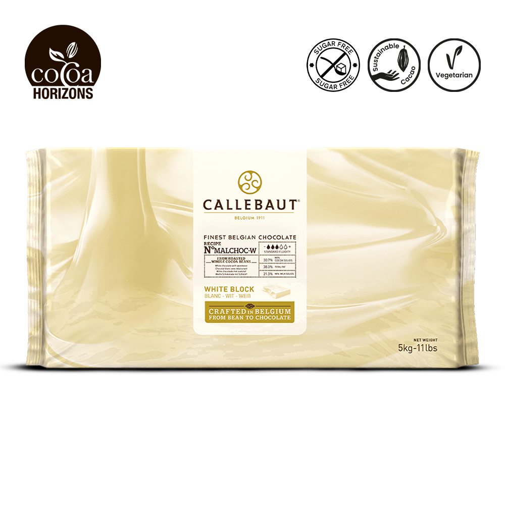 Callebaut white chocolate block packaging with brand logo and certification icons on a white background