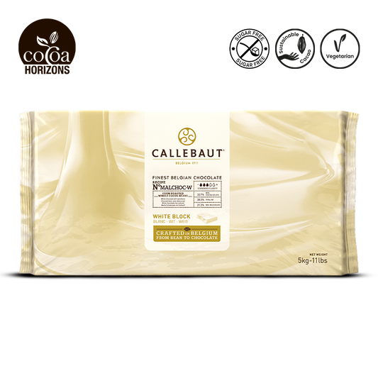 Callebaut white chocolate block packaging with brand logo and certification icons on a white background
