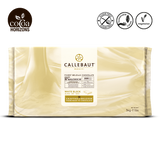Callebaut white chocolate block packaging with brand logo and certification icons on a white background