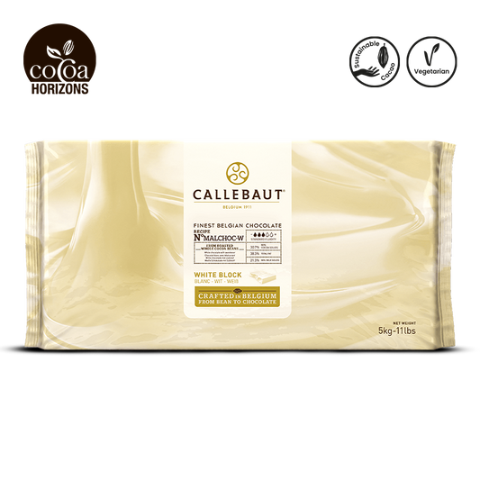 Callebaut white chocolate block packaging with visible branding and product details on a white background.