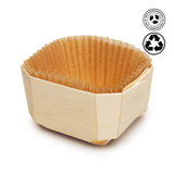 Wooden basket with a brown paper liner on a white background, featuring compostable and recyclable icons.