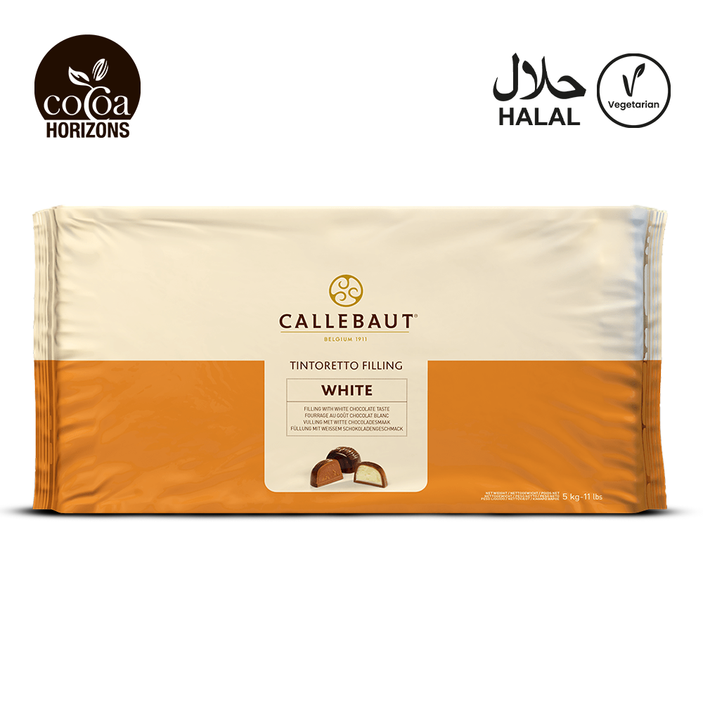 Callebaut white chocolate filling package with brand logos on a white background