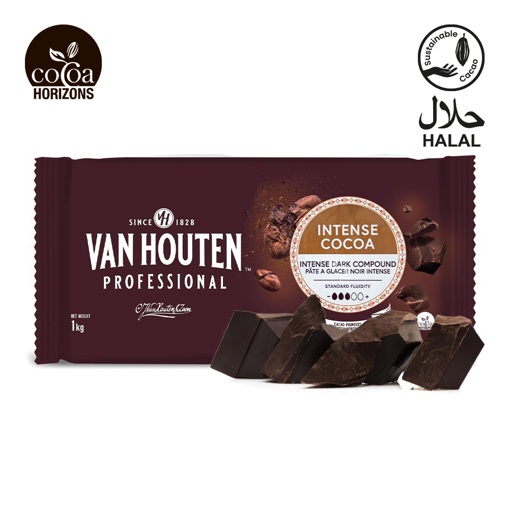 Van Houten Professional chocolate bar packaging with cocoa solids on a white background