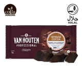 Van Houten Professional chocolate bar packaging with cocoa solids on a white background