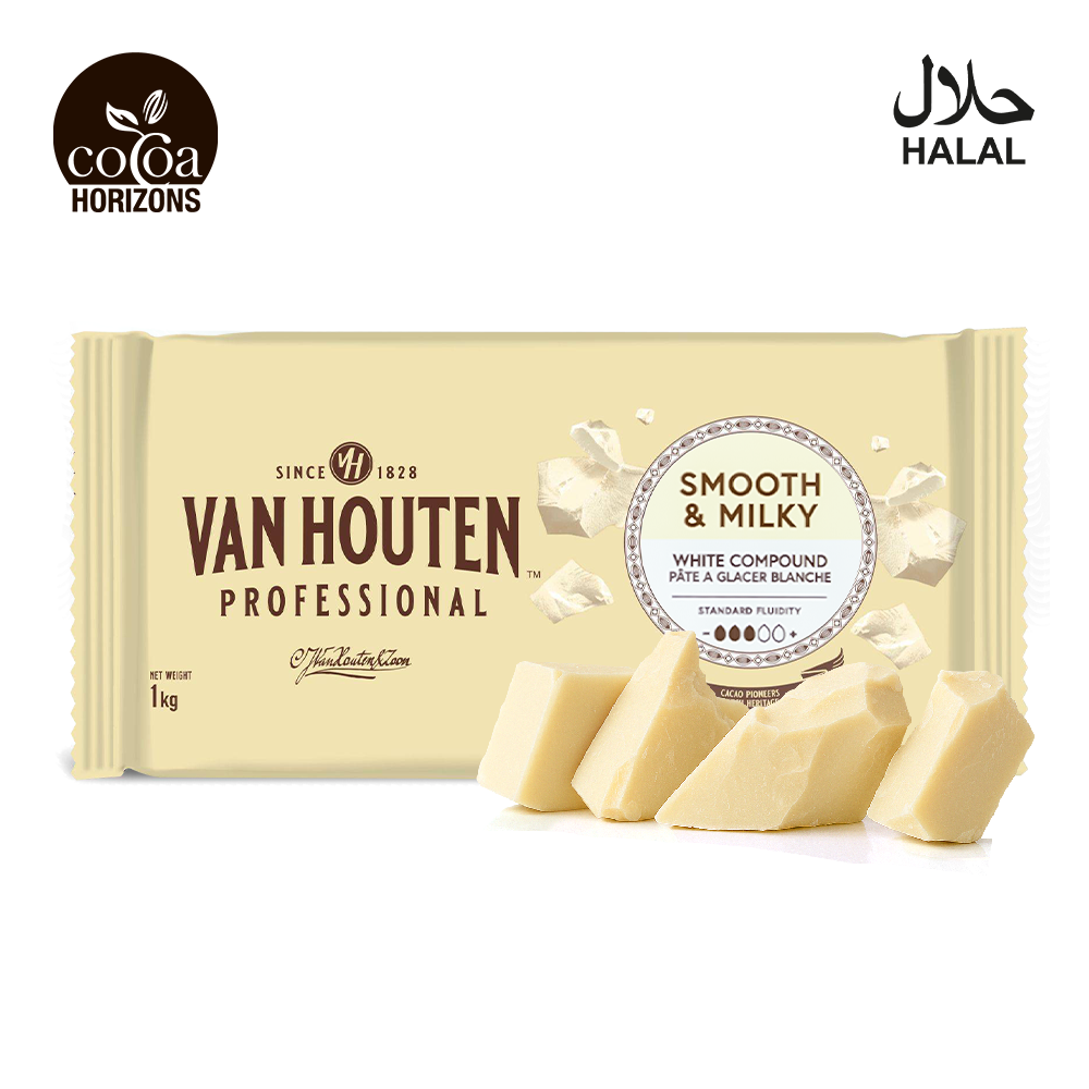Van Houten Professional white chocolate compound packaging with 'Cocoa Horizons' and 'HALAL' logos.