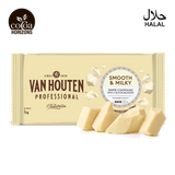 Van Houten Professional white chocolate compound packaging with 'Cocoa Horizons' and 'HALAL' logos.