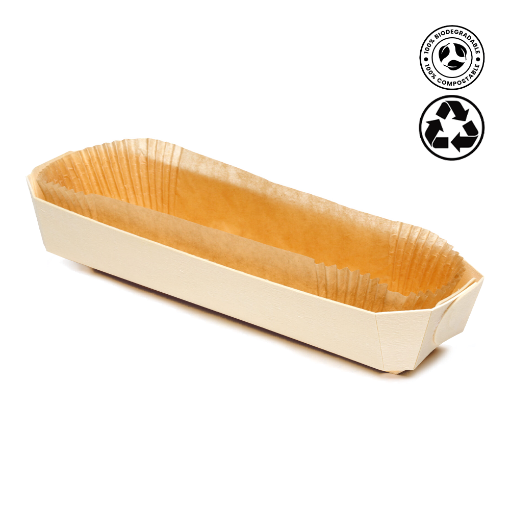 Biodegradable rectangular tray on a white background with compostable and recyclable icons.