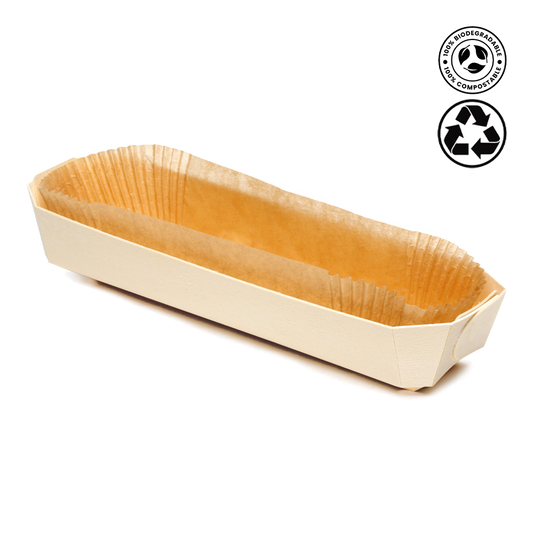 Biodegradable rectangular tray on a white background with compostable and recyclable icons.