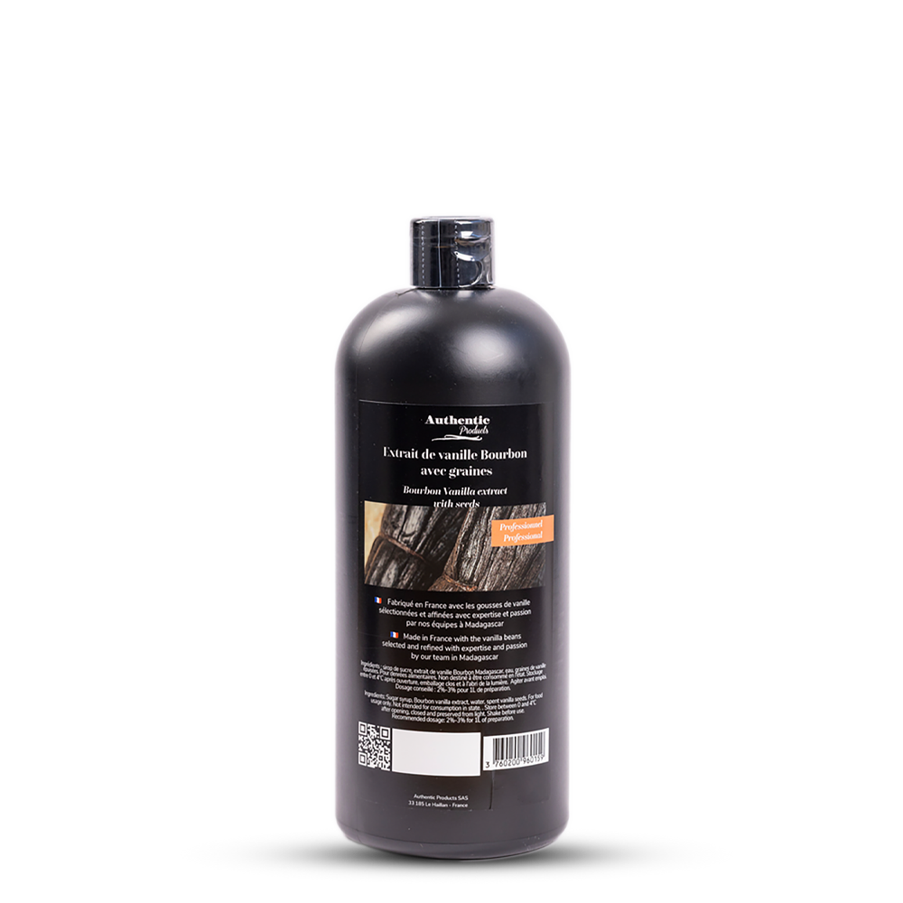 Bottle of vanilla extract with a label on a white background