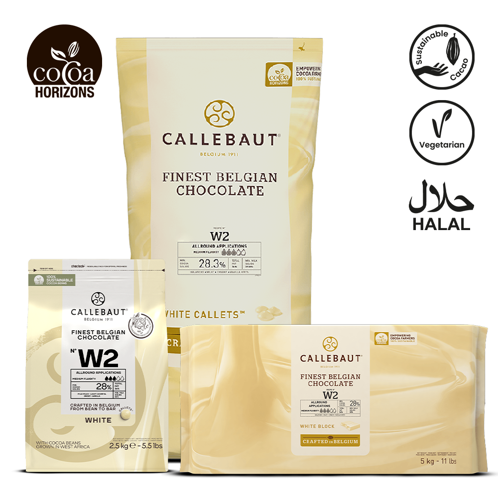 Callebaut chocolate packaging with various sizes on a white background